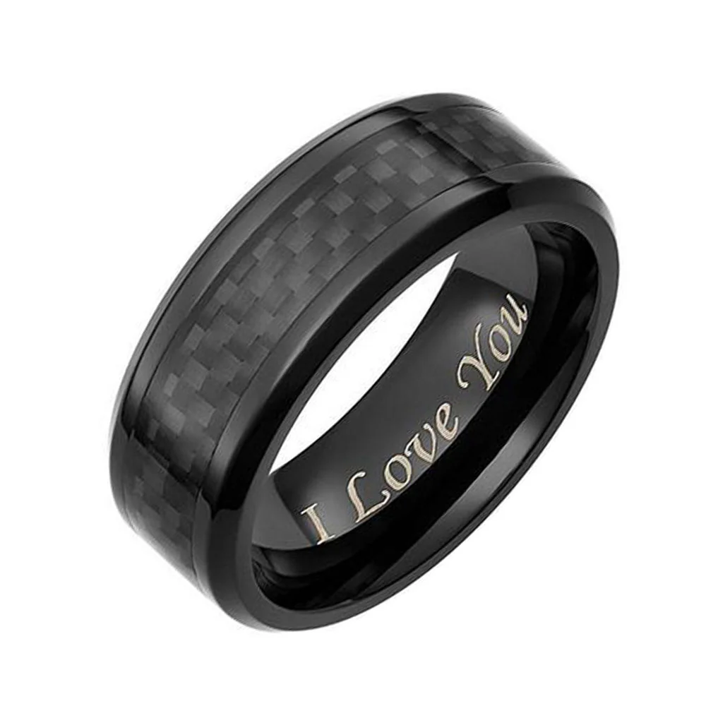 6MM 8MM Tungsten Black Carbon Fiber Inlay Polished Finished For Men Wedding Bands with I Love You