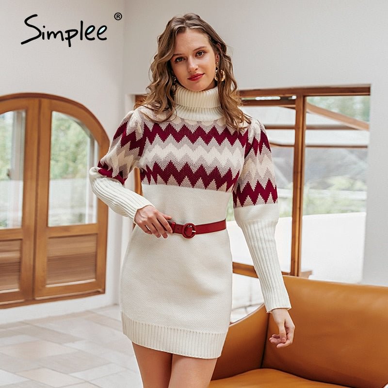 Simplee Turtleneck long cable knitted women pullover sweater dress Vintage autumn winter lantern sleeve female outwear dresses