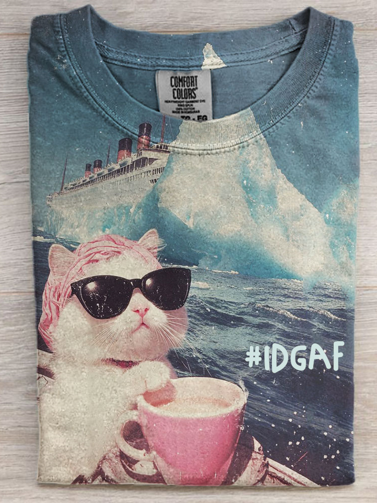 Comstylish Idgaf Funny Elegant Cat Hitting The Iceberg Comfy T Shirt