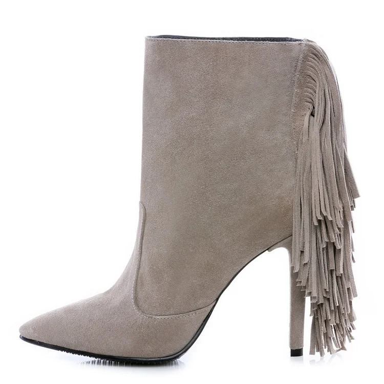 Taupe Stiletto Boots Vegan Suede Fringe Ankle Boots for Women |FSJ Shoes