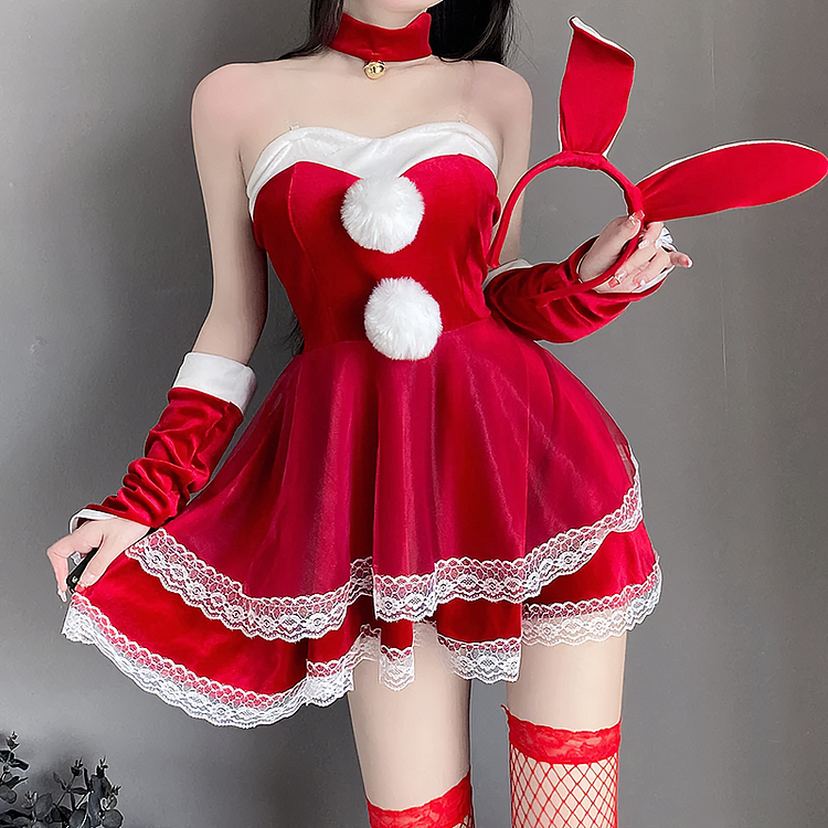 Christmas Cosplay Pom Pom Off Shoulder Dress Set - Gotamochi Kawaii Shop, Kawaii Clothes