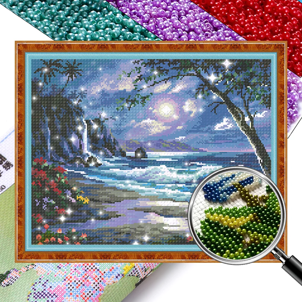 9CT Full Cross Stitch Bead Embroidery - Moonlight(Canvas|55*42CM)