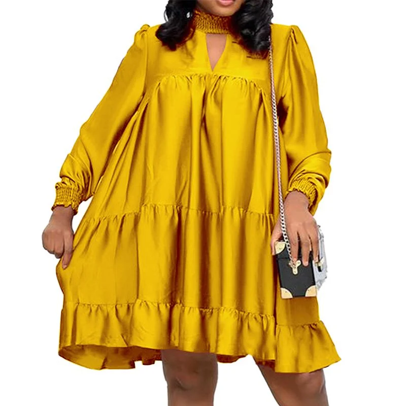 Women Satin Shirt Dress Elegant Knee-Length Dress 2022 VONDA Female Casual Solid Color Lace Long Sleeve Vestido  Robe