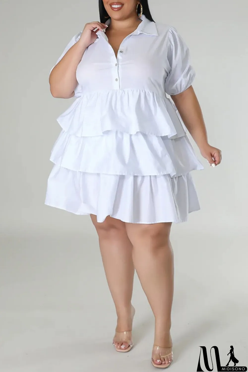 MidiSono - Light Blue Casual Solid Patchwork Turndown Collar Cake Skirt Plus Size Dresses