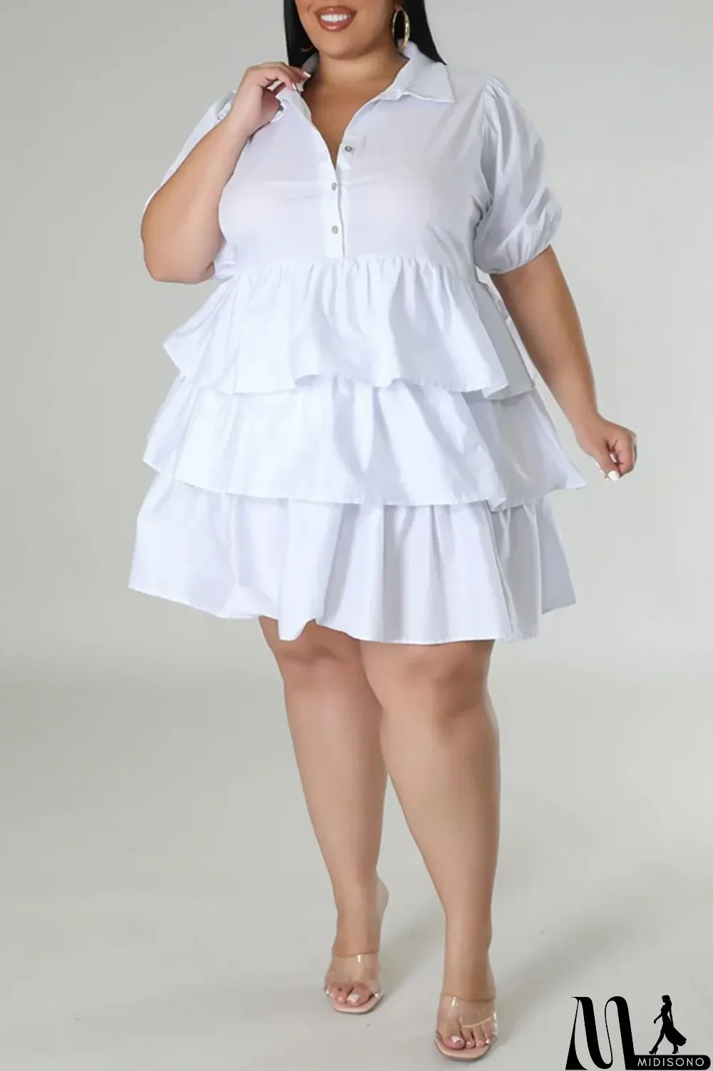 MidiSono - Light Blue Casual Solid Patchwork Turndown Collar Cake Skirt Plus Size Dresses