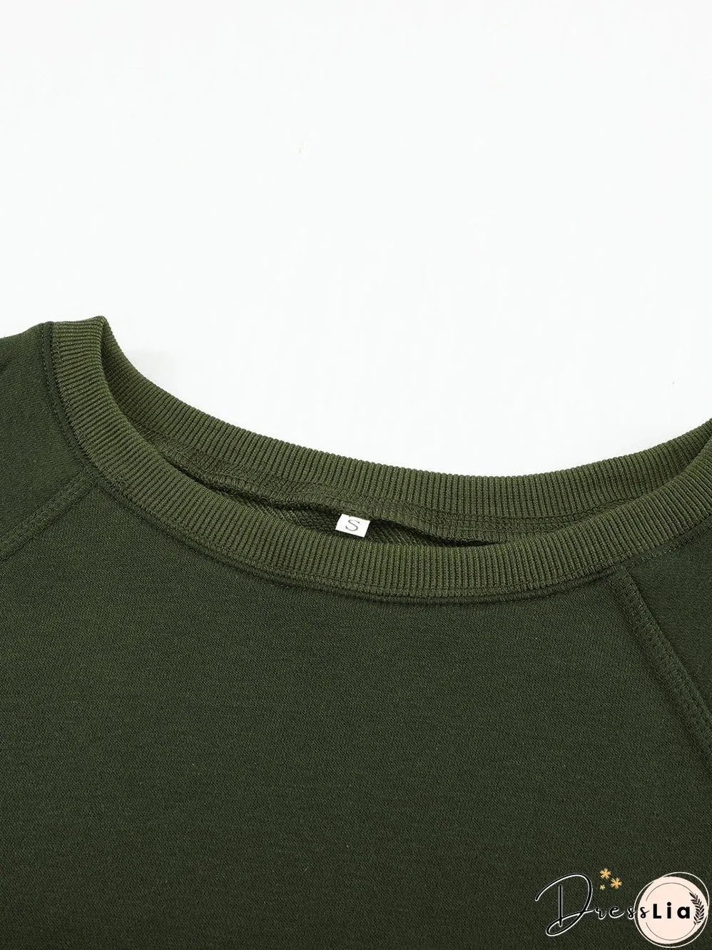Green Crew Neck Long Sleeve Sweatshirt with Distressed Detail