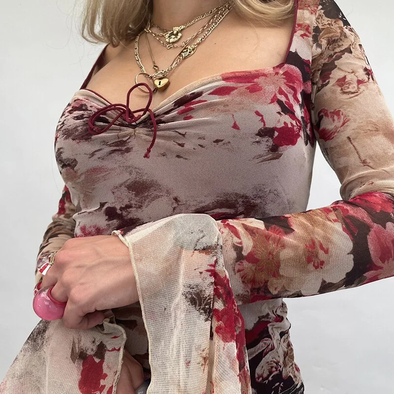 Churchf hirigin&nbsp;Vintage Square Neck Skinny Crop Top Retro Floral Print T-shirt Elegant Women Fairy Grunge Long Sleeve Ruffles Pullover-Outfit Ideas