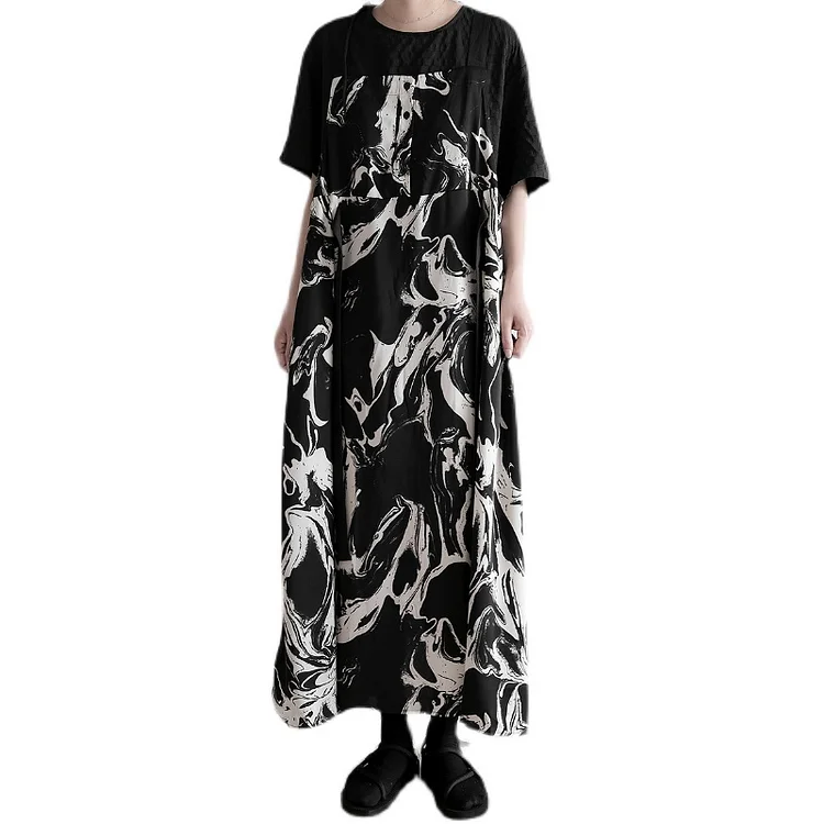 Art Loose Square Collar Contrast Color Tie-dye Printed Straps Dress