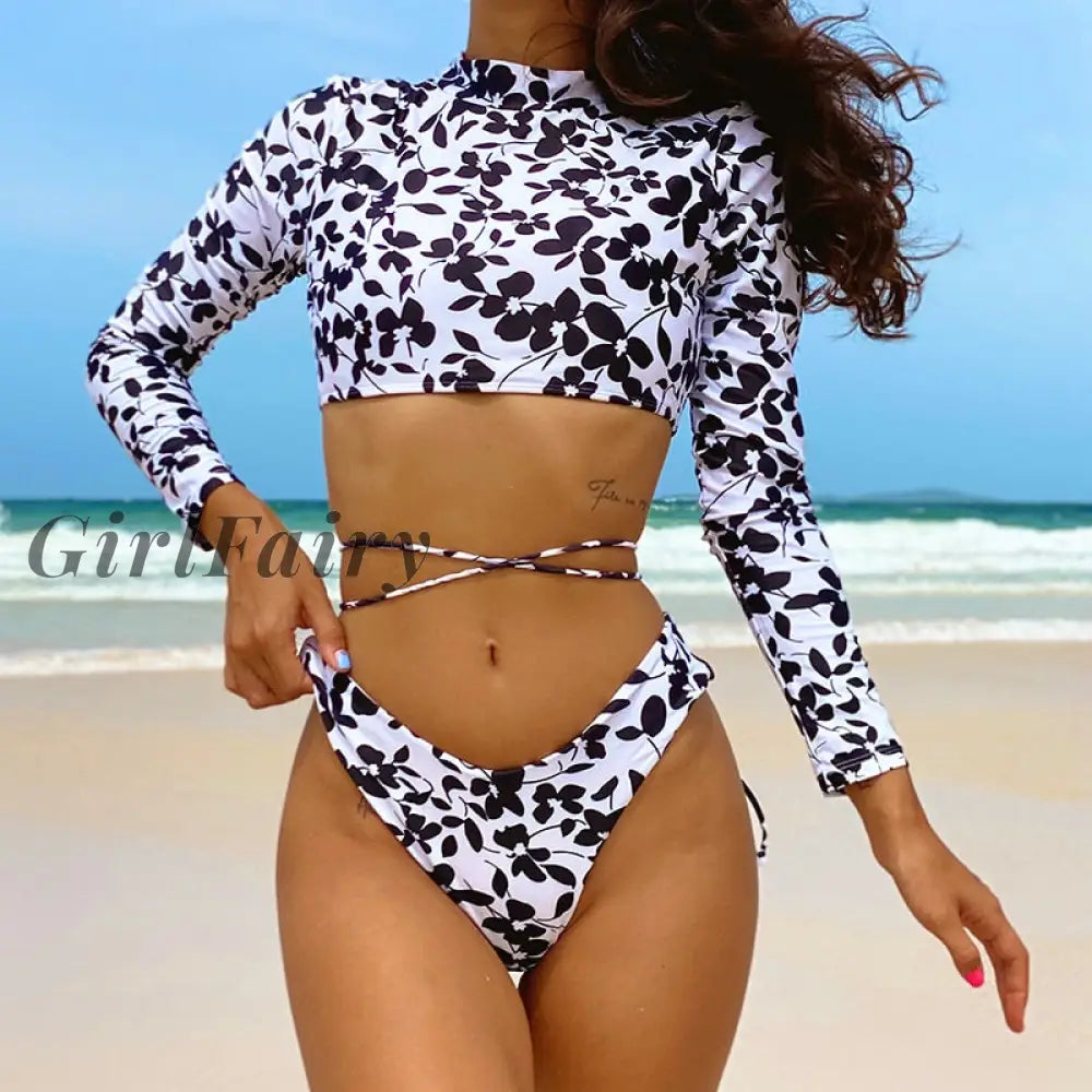 Girlfairy Summer Floral Print Bikinis Mujer High Cut Swimsuit Womens Swimming Suit Long Sleeve