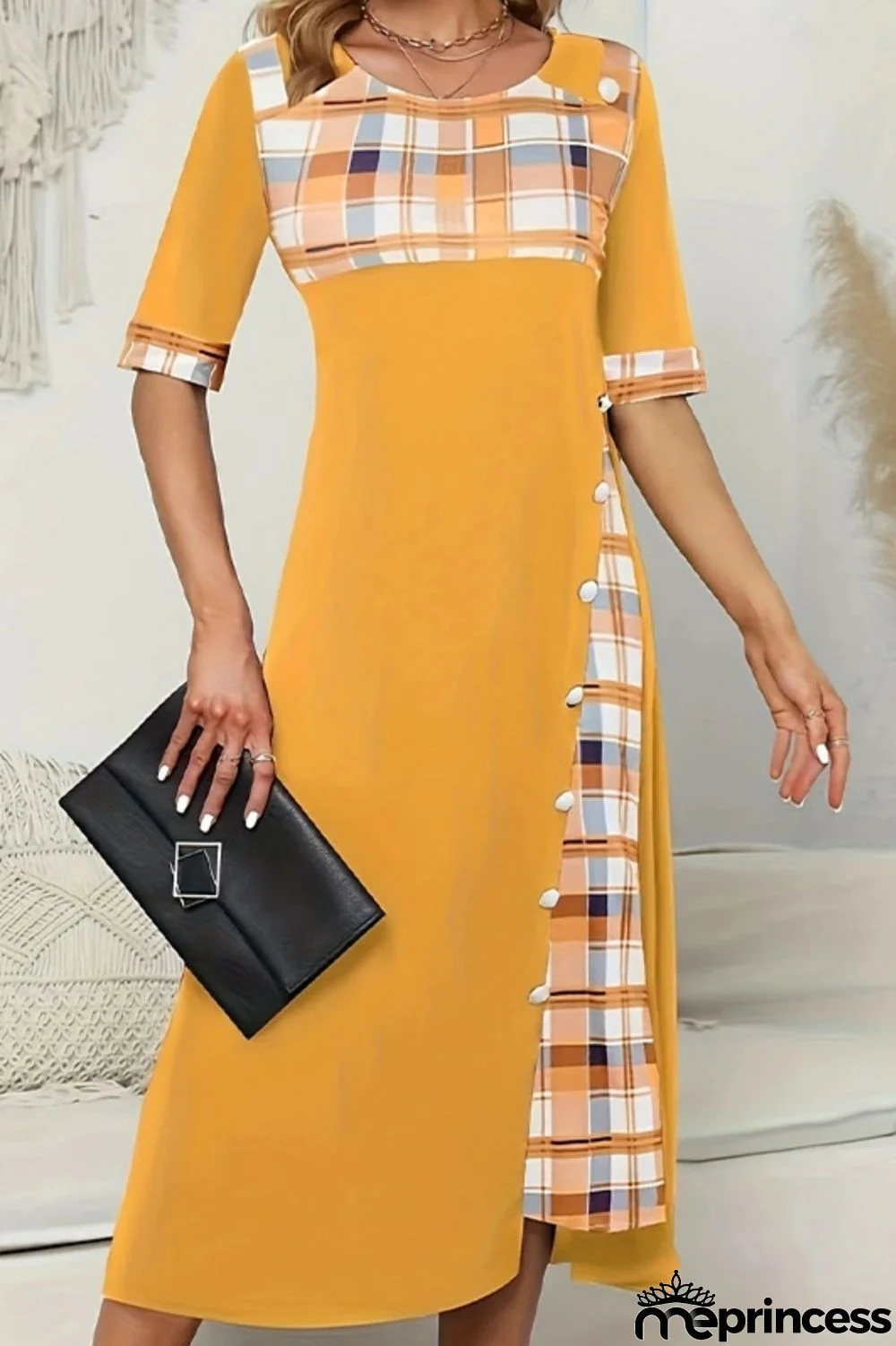 Casual Plaid Print Patchwork O Neck Short Sleeve Dress Dresses