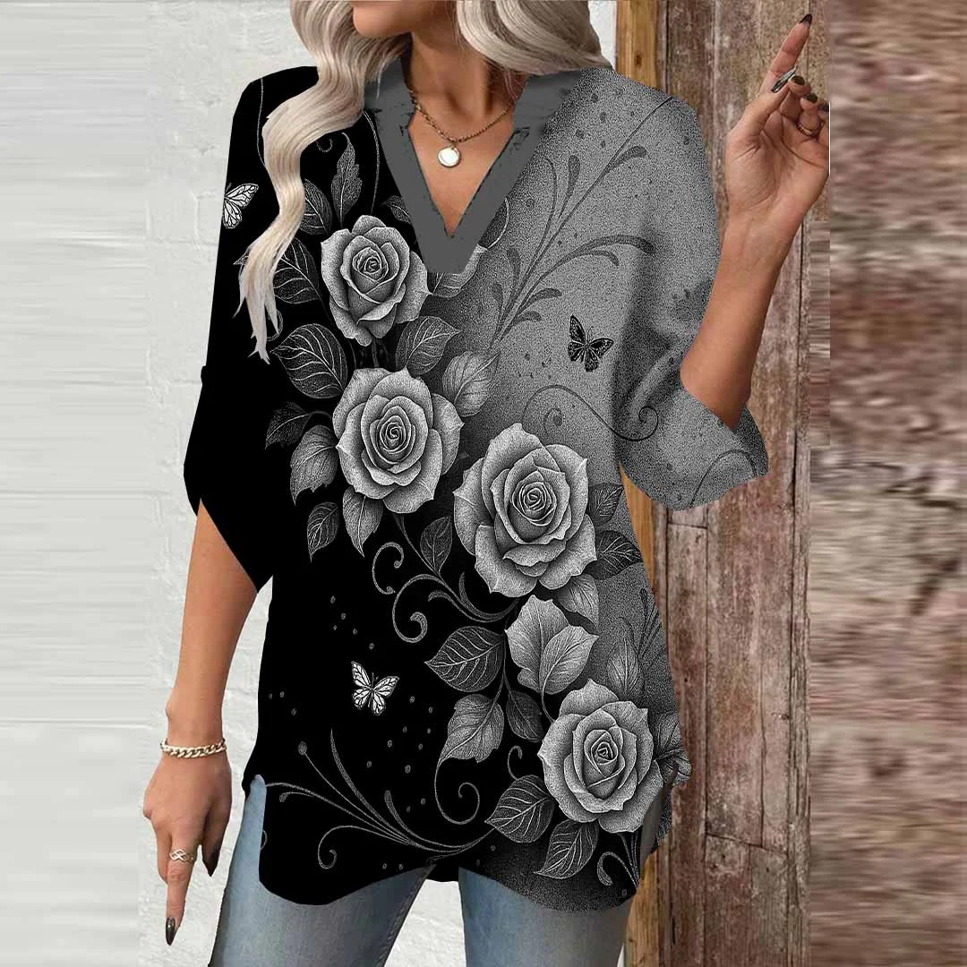 Women Floral,Black,Gray DZGA0797 3/4 Sleeve V-neck Printed Graphic Button Tops