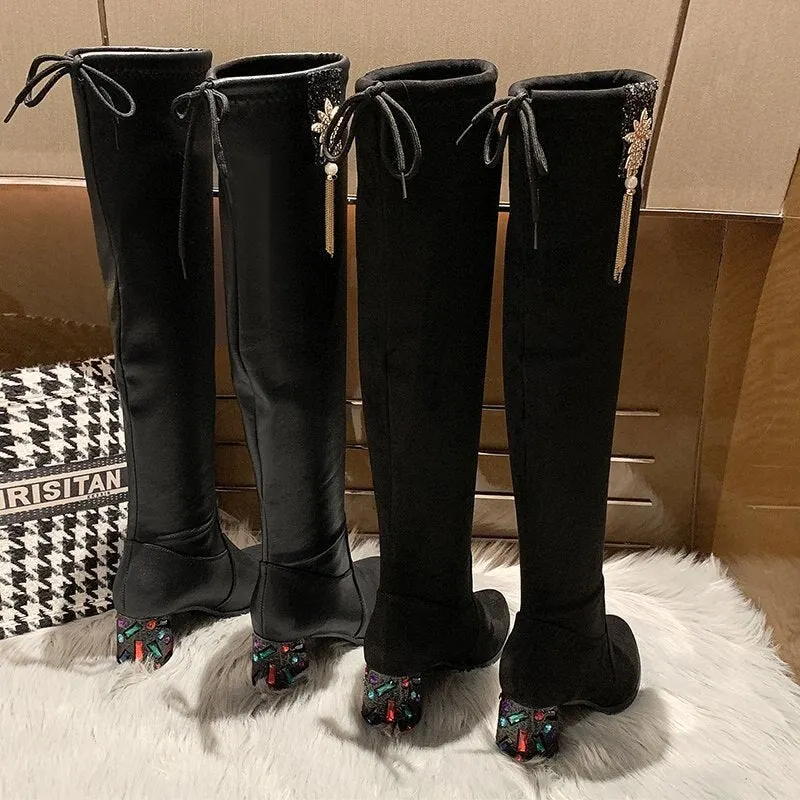 Knee Boots for Women Winter 2020 High Heel Shoes Pointed Toe Leather Flock Ladies Zapatos De Mujer Casual Thigh High Boots
