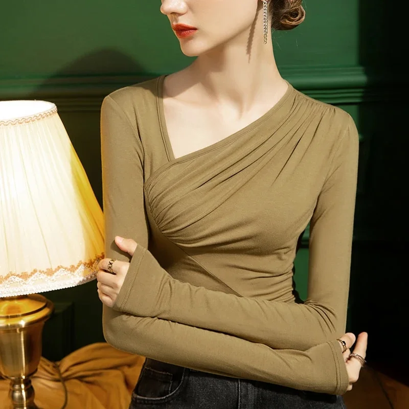 Applyw Collar Folds T-shirts Girls Long Sleeve High Stretch Modal Slim Tshirts Tops For Woman 2023 Autumn