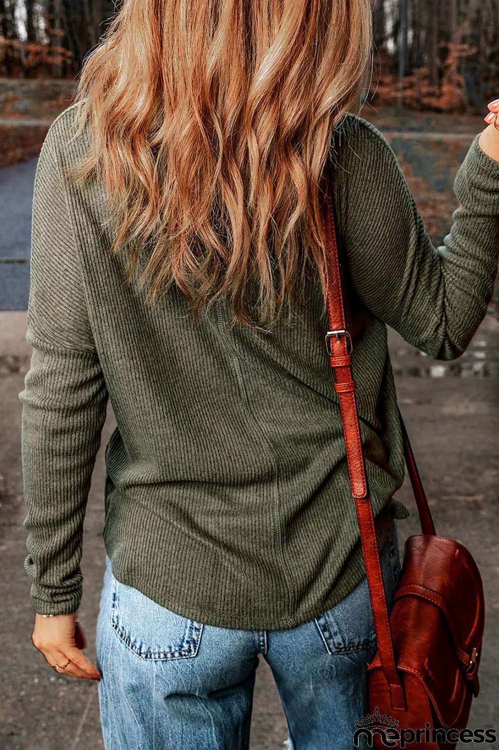 Green Loose Ribbed Knit V Neck Long Sleeve Top