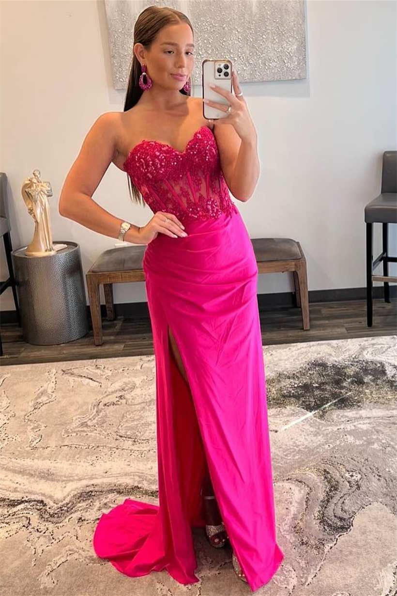 Fuchsia Sweetheart Prom Dress Mermaid Split Long With Lace Appliques - lulusllly