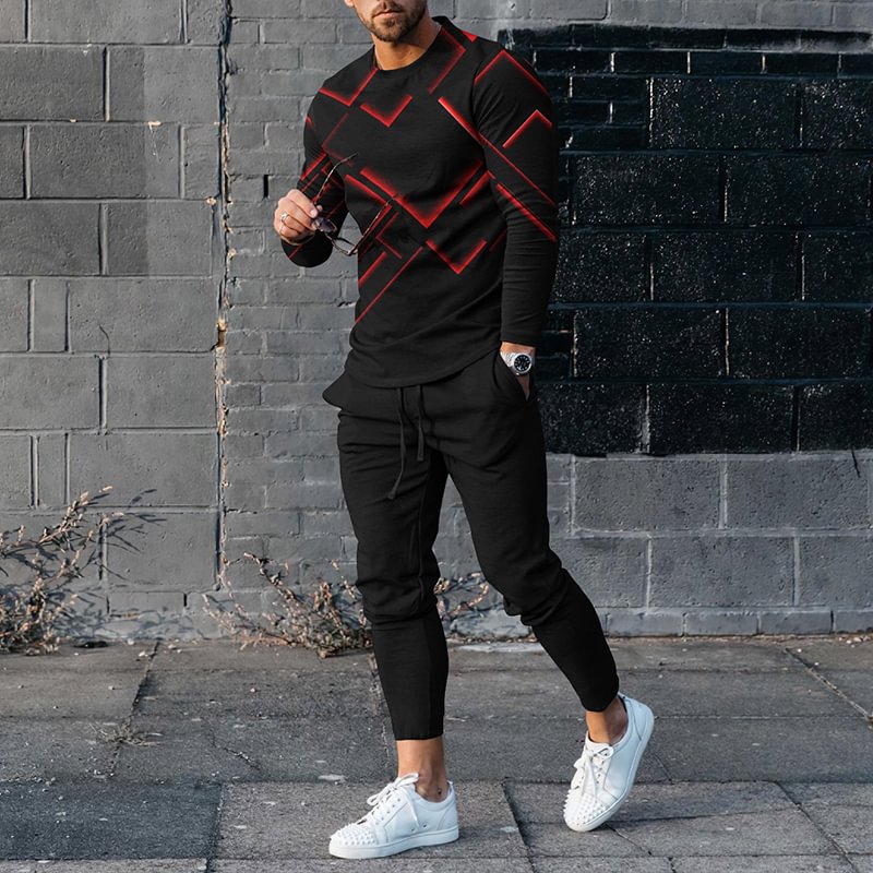 Men's  Abstract Geometric Casual Long Sleeved T-Shirt And Pants Co-Ord