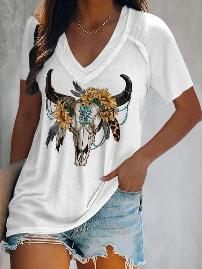 V-Neck Western Vintage Print T-Shirt