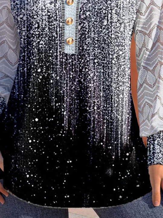 Women Long Sleeve V-neck Polka Dot Printed Graphic Lace Button Tops