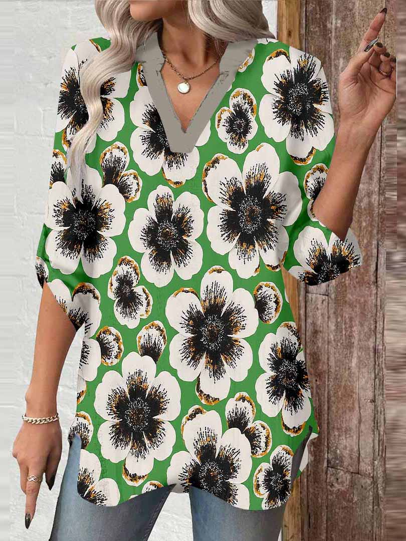 Women Floral, Green, Black DZGA0128 3/4 Sleeve V-neck Printed Graphic Button Tops