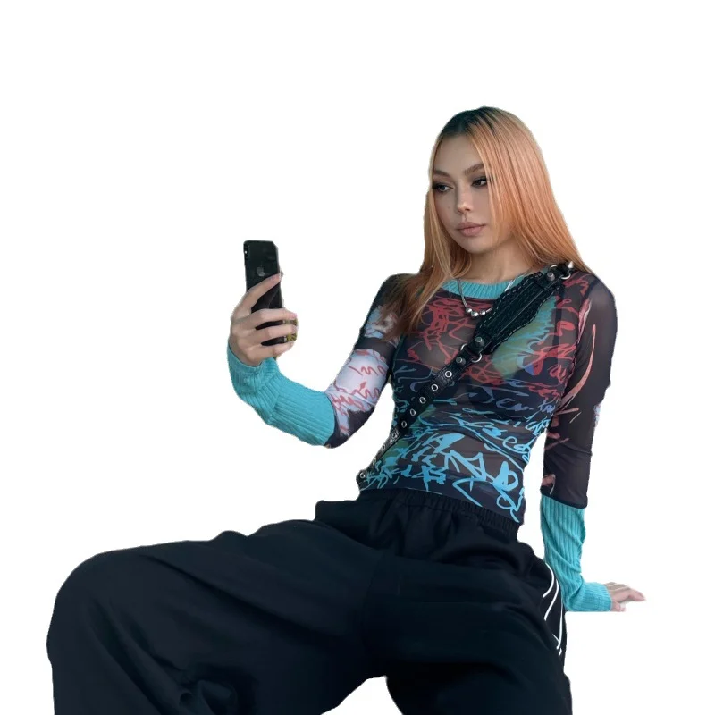 Nigikala Spring 2024 New Round-Neck Collar Long-Sleeved Mesh Printing Casual Women's Top T-Shirt