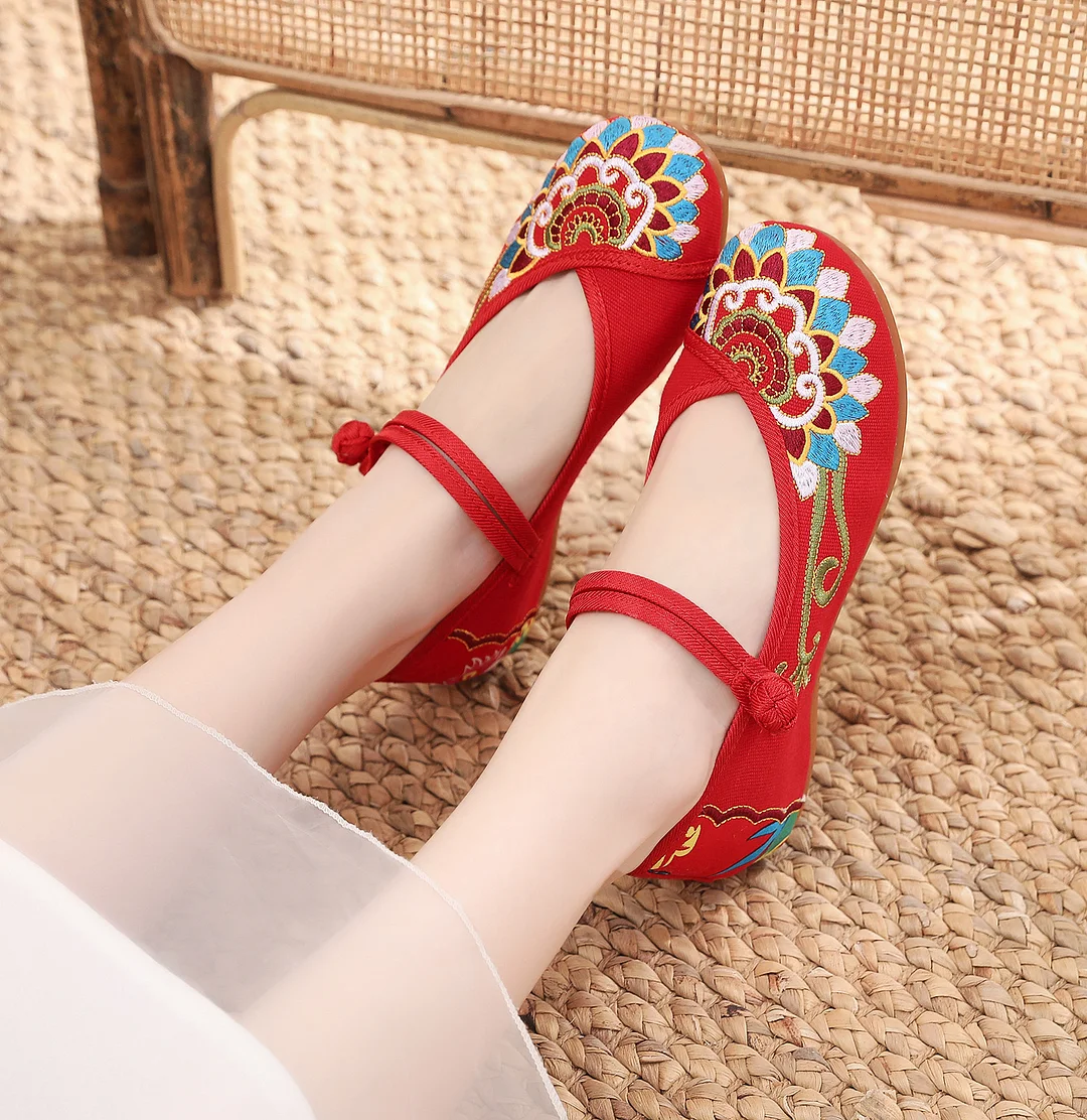 Colourp Colourp Wind National Wind Canvas Embroidered Cloth Shoes Women's Shoes Single Shoes A Word Buckle Low Heel Mother Shoes