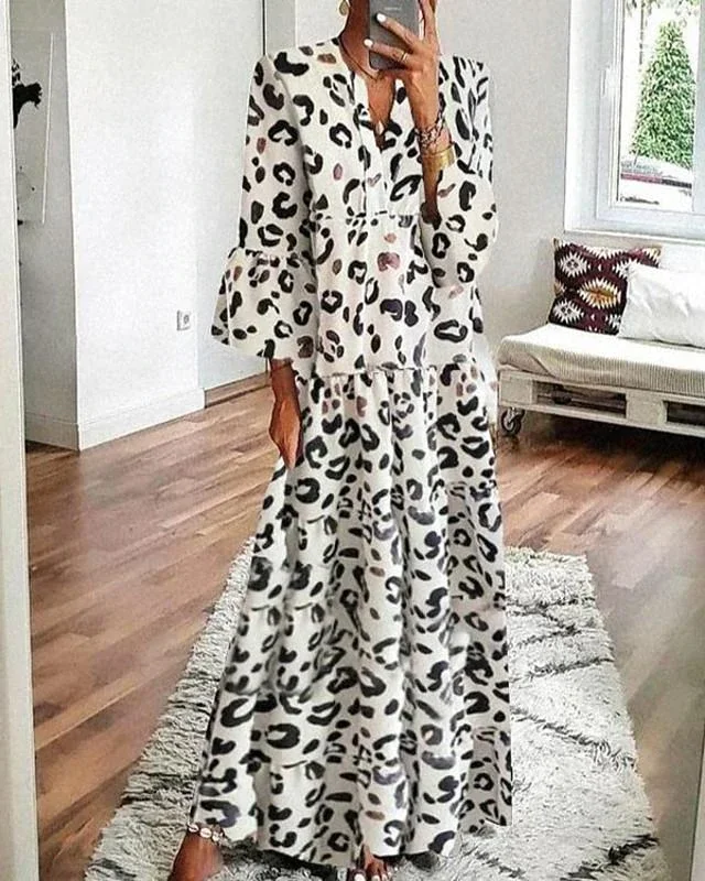 Women's Swing Dress Maxi Long Dress 3/4 Length Sleeve Print Spring Summer Casual Vacation Dresses Flare Cuff Sleeve White Black