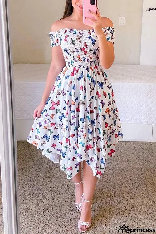 Shirred Bodice Off Shoulder Flap Asymmetric Dress