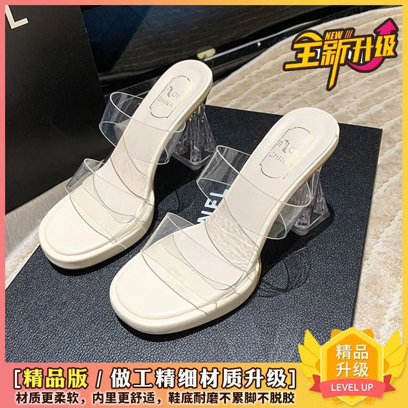 Breakj Breakj On The Thick Background Waterproof Table Transparent Word With High-Heeled Slippers Women Summer Wearing Crystal And Coarse And Cold Slippers