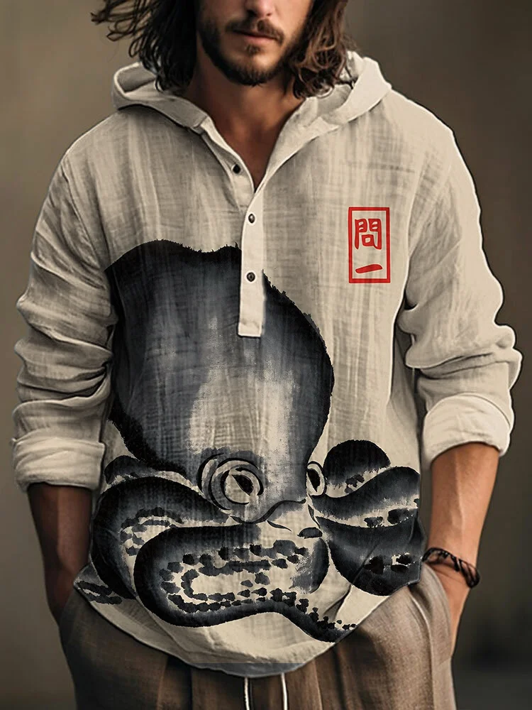 Japanese Art Octopus Print Linen Blend Hooded Shirt