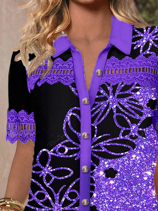 Women's Short Sleeve V-neck Lace Stitching Hollow Graphic Top