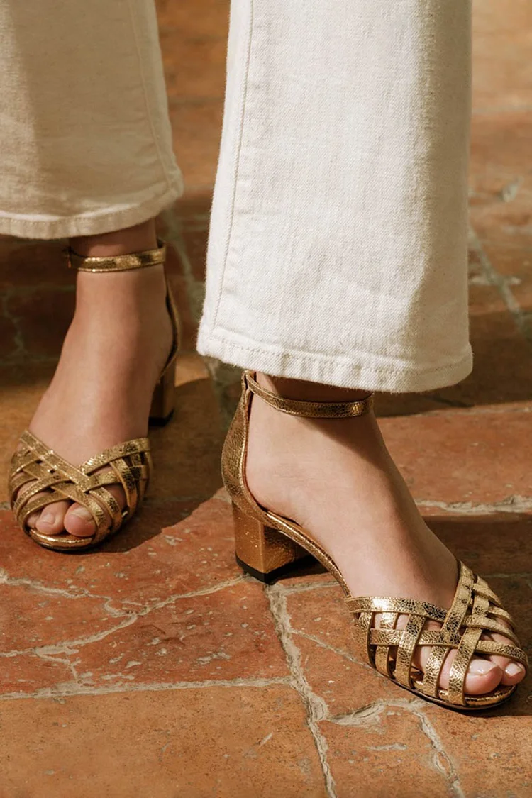 Woven Ankle Strap Buckle Peep Toe Gold Chunky Heels [Pre Order]