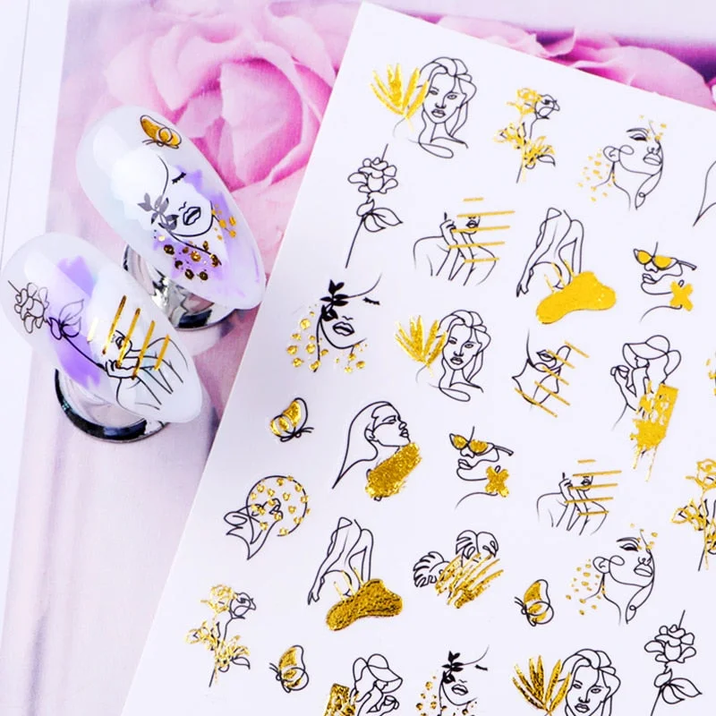 Summer Design 3D Stickers For Nails iridescent Black Gold Flower Leaf Series Decorations Sliders Nail Art Sticker Decals