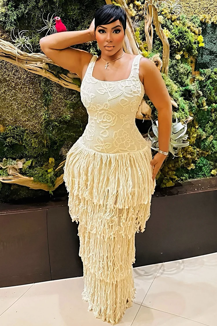Square Neck Floral Embroidery Fringe Party Maxi Dresses-Ivory [Pre Order]