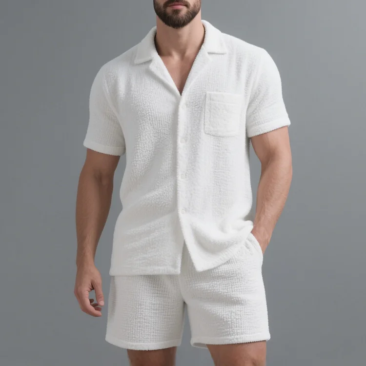 Okaywear Camp Collar Terry Cloth Shirt & Shorts 2Pcs Set 