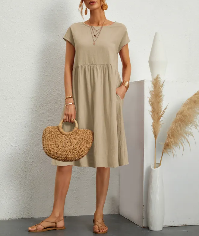 Women Cap Sleeve Pocket Midi Dress Round Neck Loose Casual Cotton Linen Summer Vacation Dress