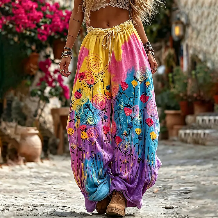 Women's Vintage Hippie Floral Pattern Art Printed Linen Blend Pants