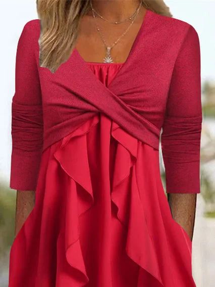 Women Half Sleeve V-neck Solid Color Dress