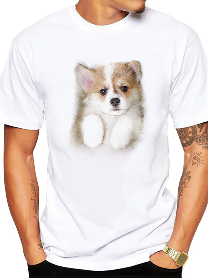 White T-shirt Nerdy Little Corgi Short-sleeved Men's Tops-Cosfine