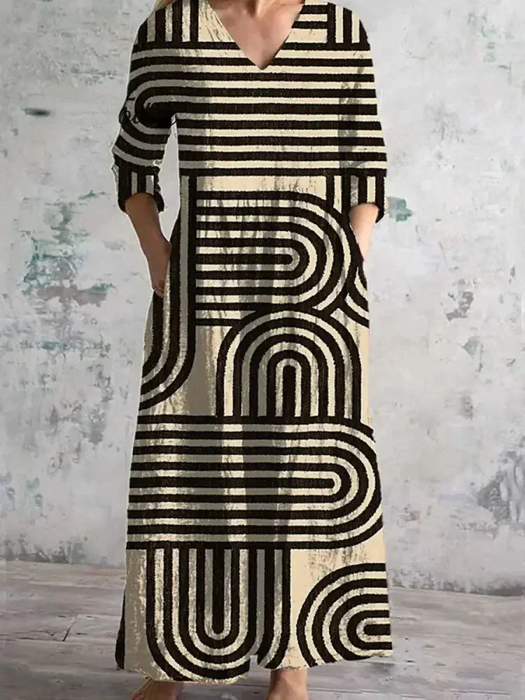 Vintage Stripe Art Print Chic V-Neck Three-Quarter Sleeves Elegant Midi Dress
