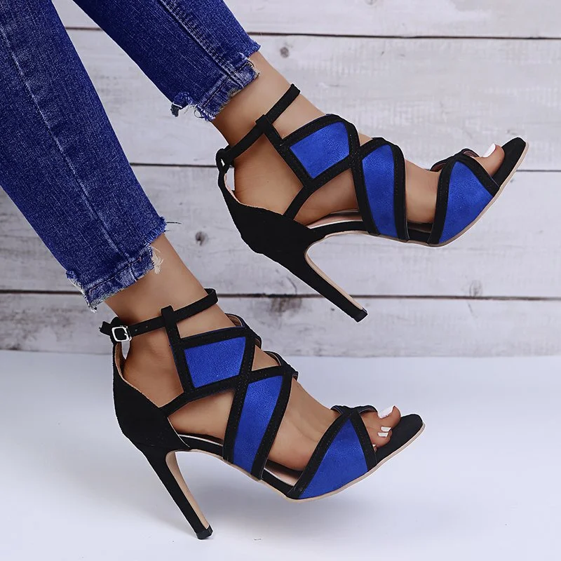 Brand Design Women Fashion Peep Toe Patchwork Colors Thin Heel Sandals Pink Blue Strap Cross High Heel Sandals Dress Shoes