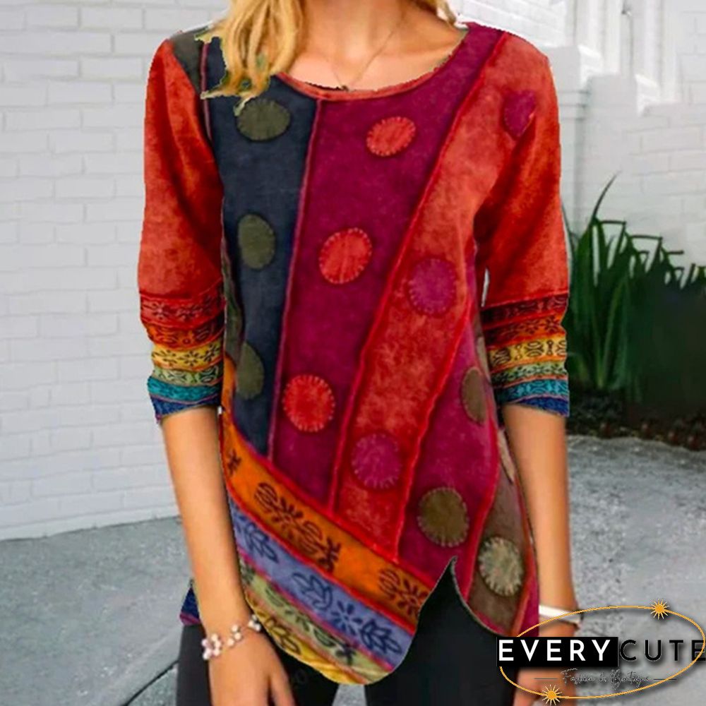 Womens Fashion Autumn and Spring Printed Long-sleeved Round-neck Casual T-shirt Loose Plus