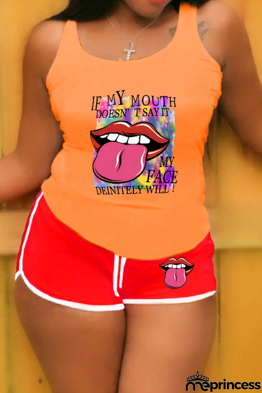 Orange Green Street Lips Printed Patchwork U Neck Sleeveless Two Pieces