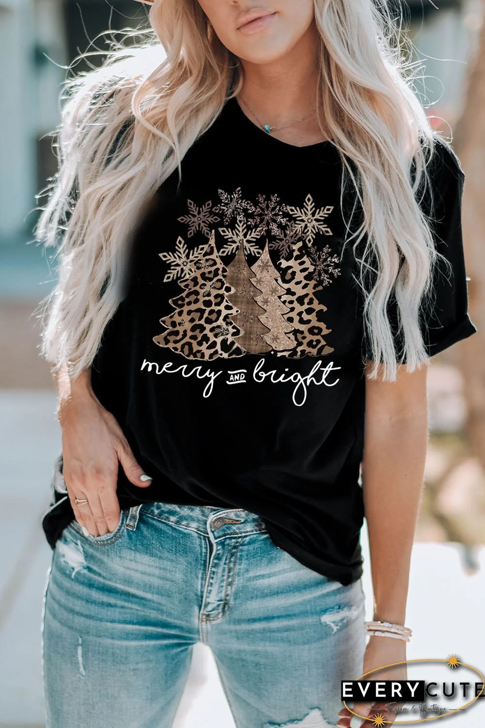 Black Leopard Christmas Tree Graphic Print Crew Neck T Shirt