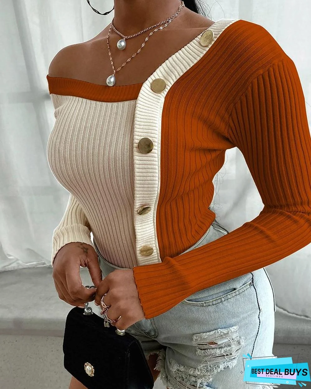 Color Block Buttoned Knit Long Sleeve Sweater
