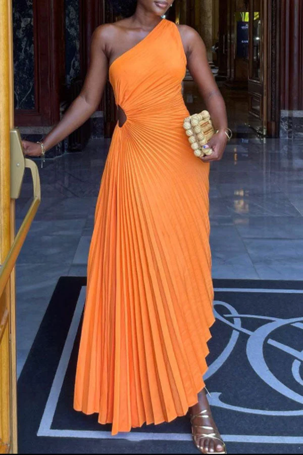 Orange Cutout Stylish Pleated Asymmetric Maxi Dress