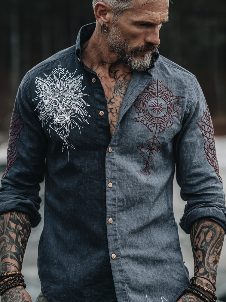 Men's Viking-Inspired Two-Tone Wolf Totem Long Sleeve Linen Shirt / Rvogue / Rvogue