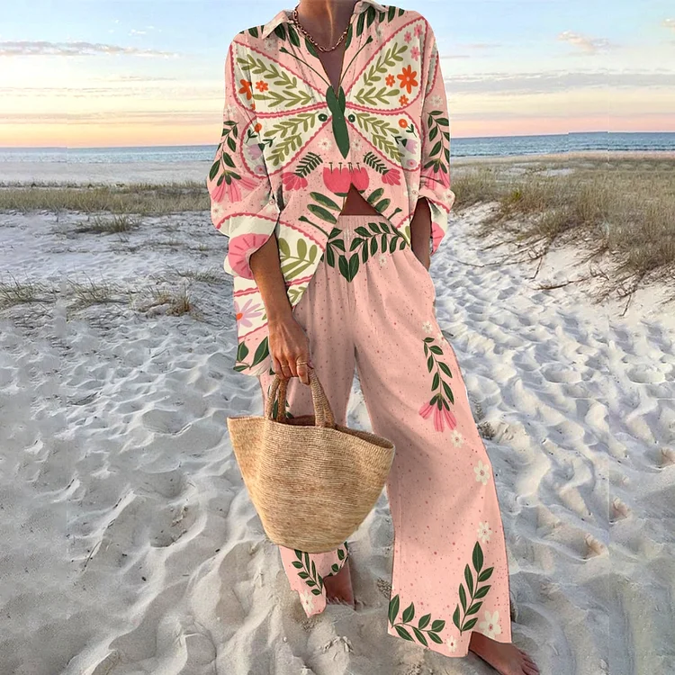 Women's Butterfly Flower Printed Shirt & Pants Two-piece Set