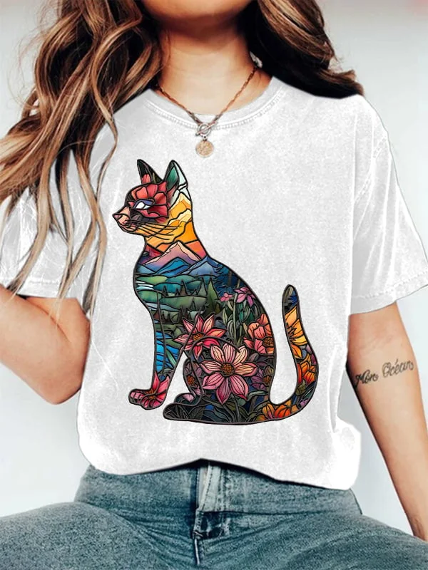 Women's Cute flower kitten Print T-shirt