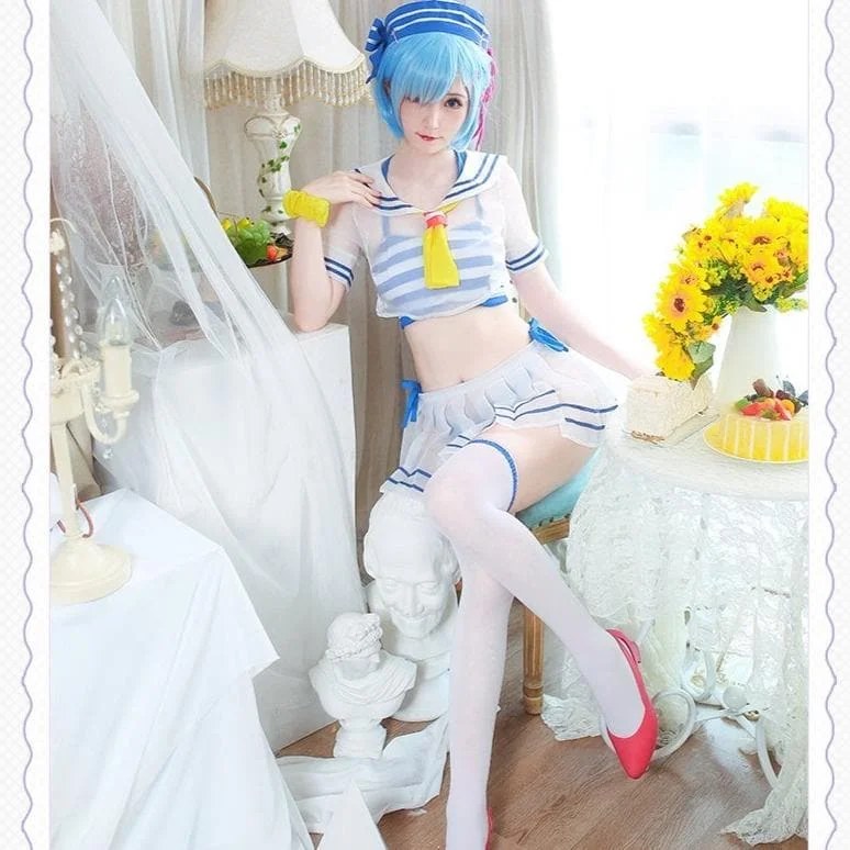 Re: Life in a Different World From Zero Rem Cosplay Girl Sailor Swimsuit SS0602