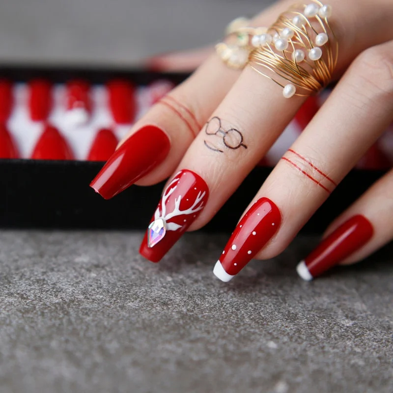 Christmas candycane Coffin False nails with box  Acrylic crystal DIY Style Art Fake nalis Tips Press on nails Snow Christmas hat-Nail Inspo